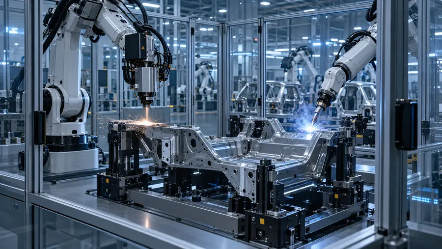 Robots welding the chassis prototype in its fixture