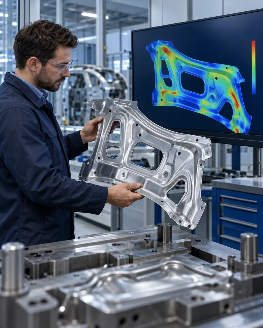 Engineer comparing a formed part with its simulation