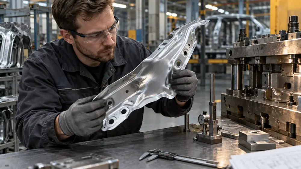Engineer measuring a formed part with a defect