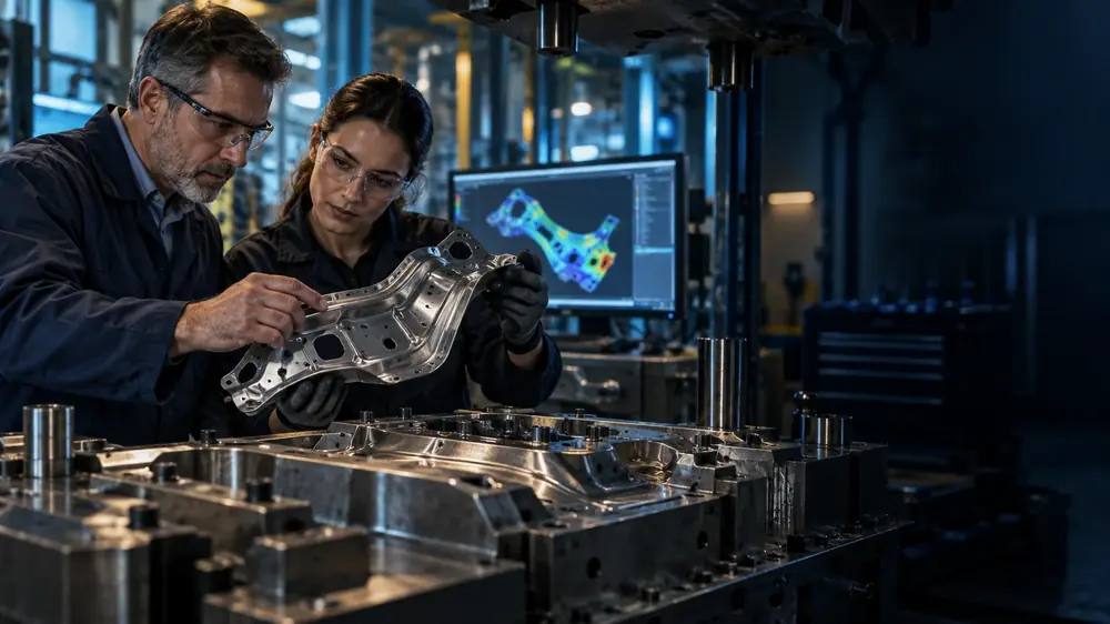 Engineers reviewing a part and its forming route