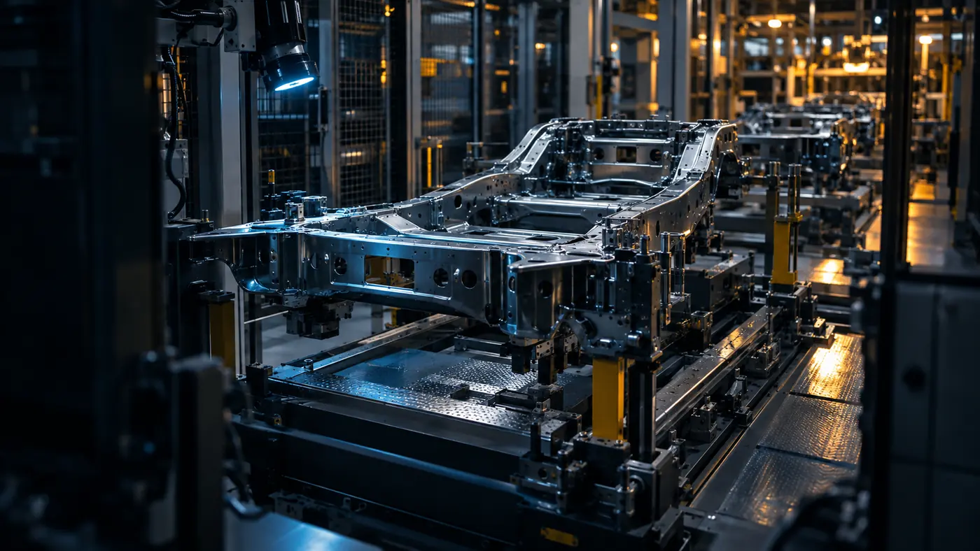 Vehicle frame structure held in a welding fixture